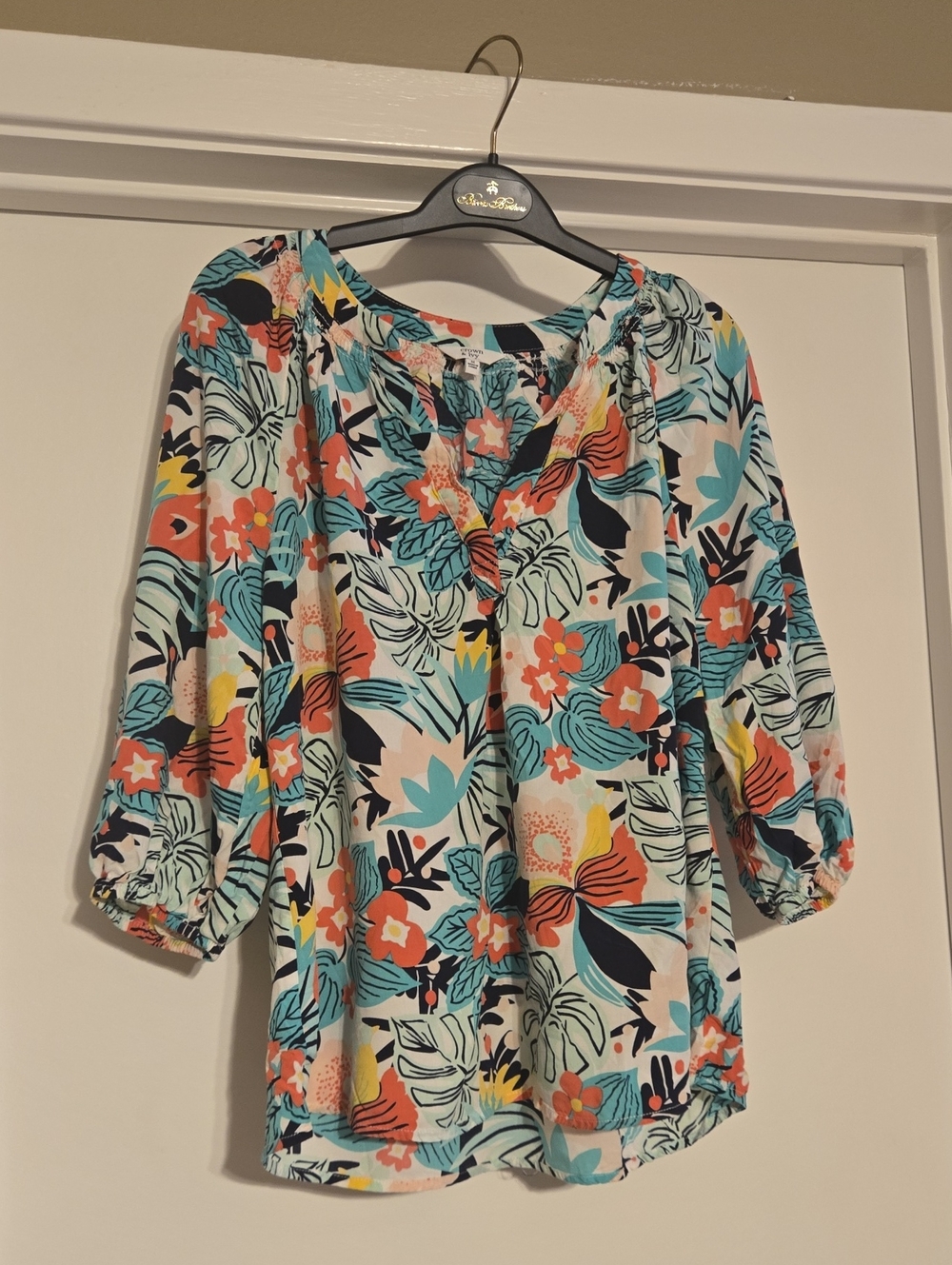 crown & ivy Tropical Floral Peasant Blouse in Teal, Coral & Navy
